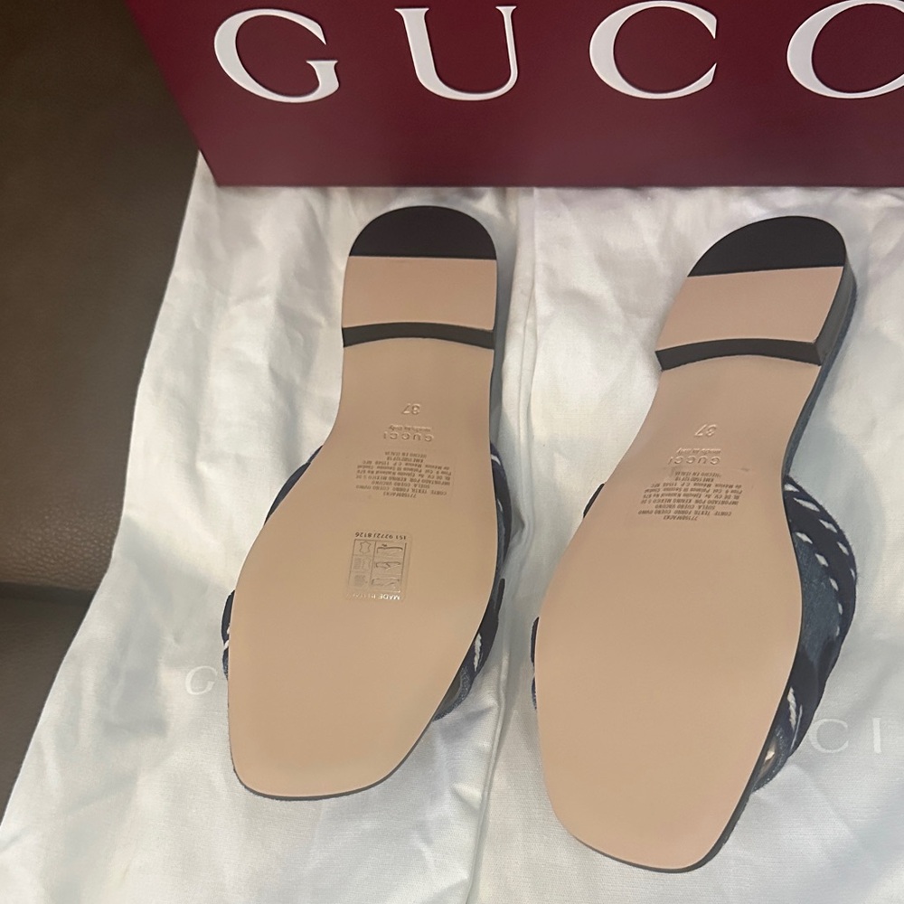 Gucci Blue Denim Slide Sandals with White Braided Trim - Picture 3 of 5